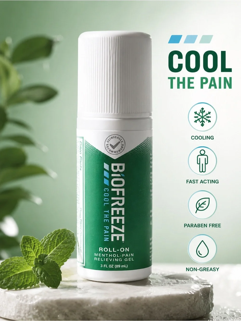 Biofreeze Roll-On Menthol Pain Relief Gel - Green & White